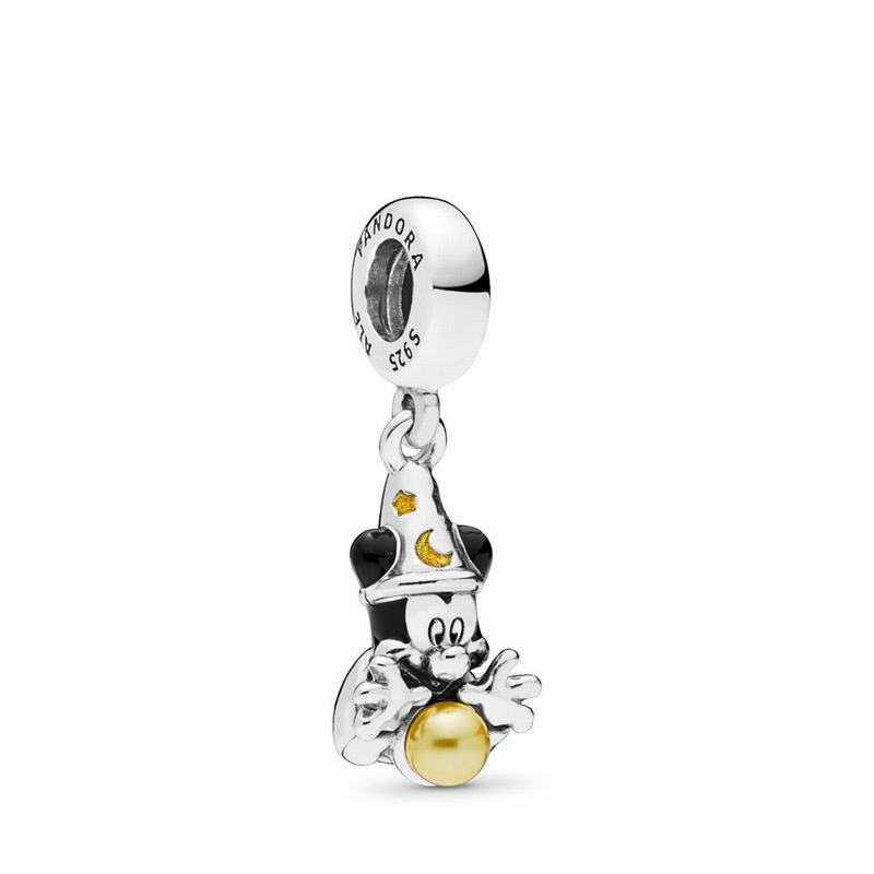 Pandora Disney Sorcerer Mickey Dangle Charm Ireland - Sterling Silver/Enamel/Black/Crystal Pearl - 3